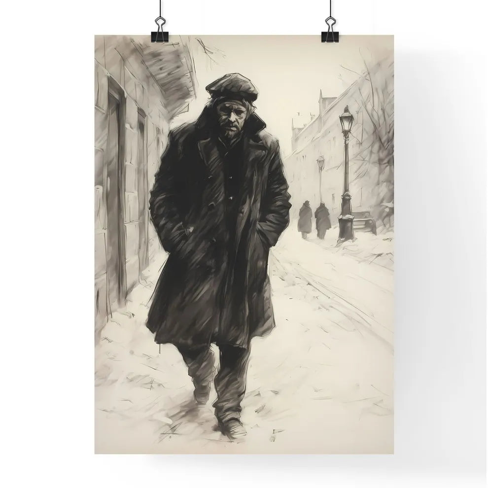A Poster of charcoal drawing of a boshevik - A Man Walking Down A Snowy Street Poster