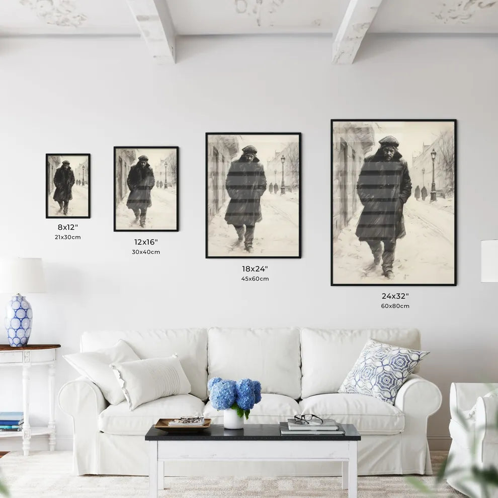 A Poster of charcoal drawing of a boshevik - A Man Walking Down A Snowy Street Size Chart