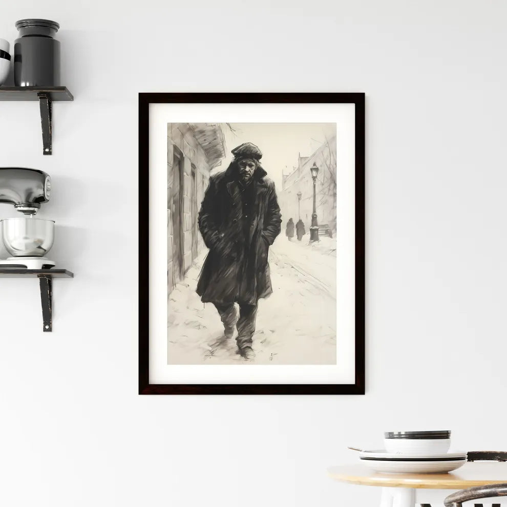 A Poster of charcoal drawing of a boshevik - A Man Walking Down A Snowy Street Custom Print