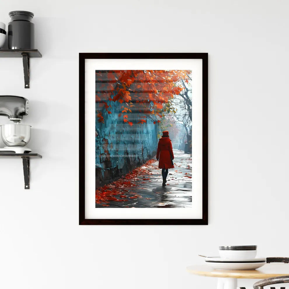 A Poster of shes walking down the sidewalk - Framed Print