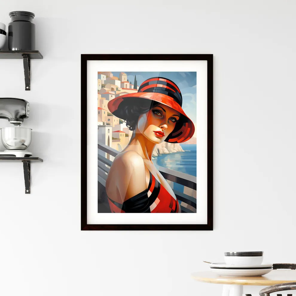 A Poster of a woman wearing a black and red  Framed Print