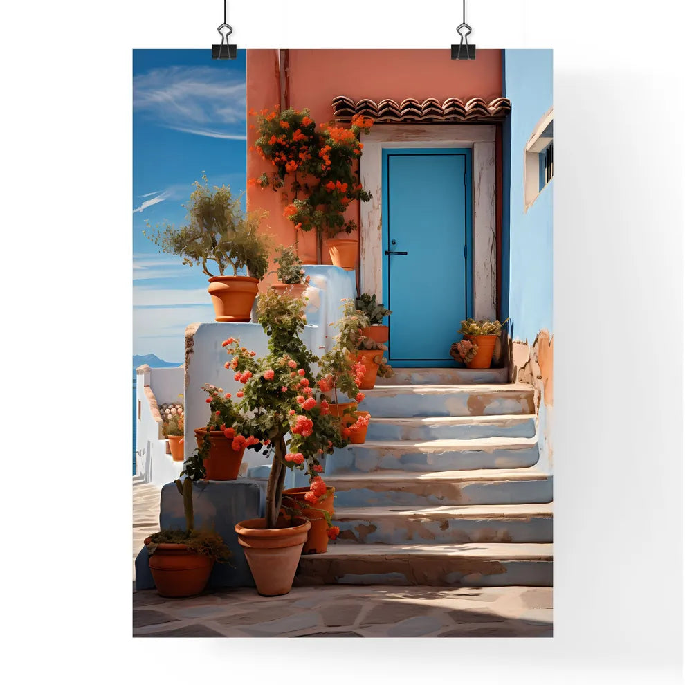 A Poster of San miguel vibrant color combinations - A Blue Door With Orange Flowers And Stairs Poster