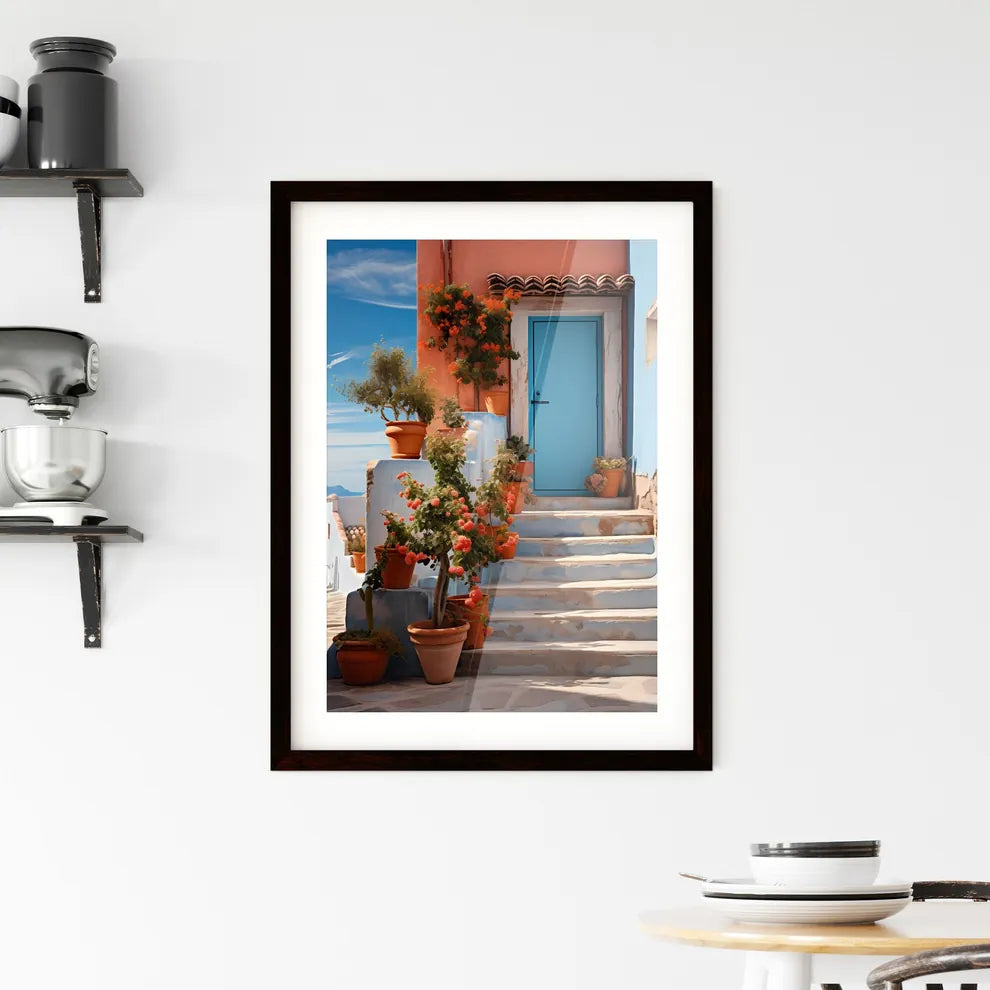A Poster of San miguel vibrant color combinations - A Blue Door With Orange Flowers And Stairs Custom Print