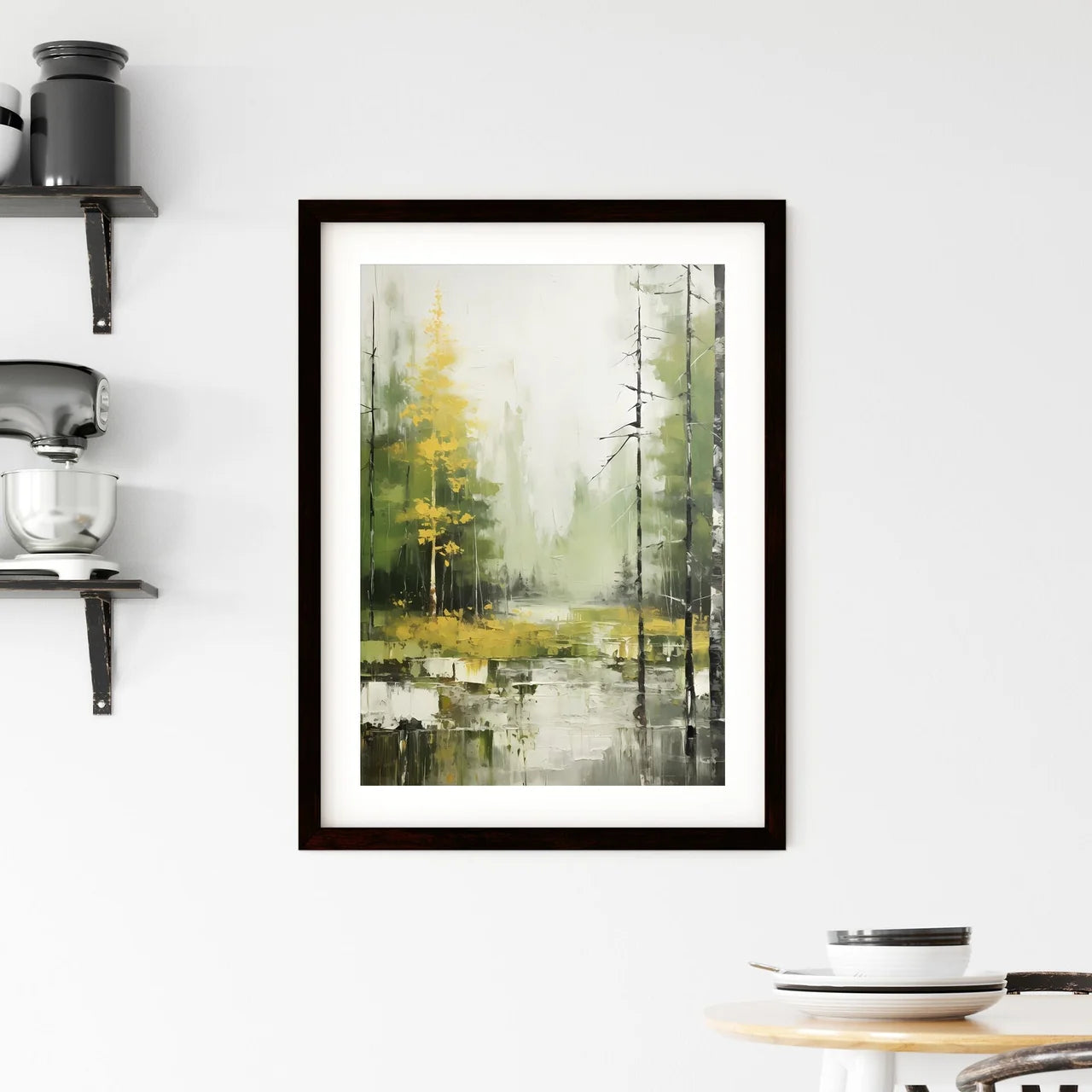 A Poster of green forest landscape oil - A P Framed Print