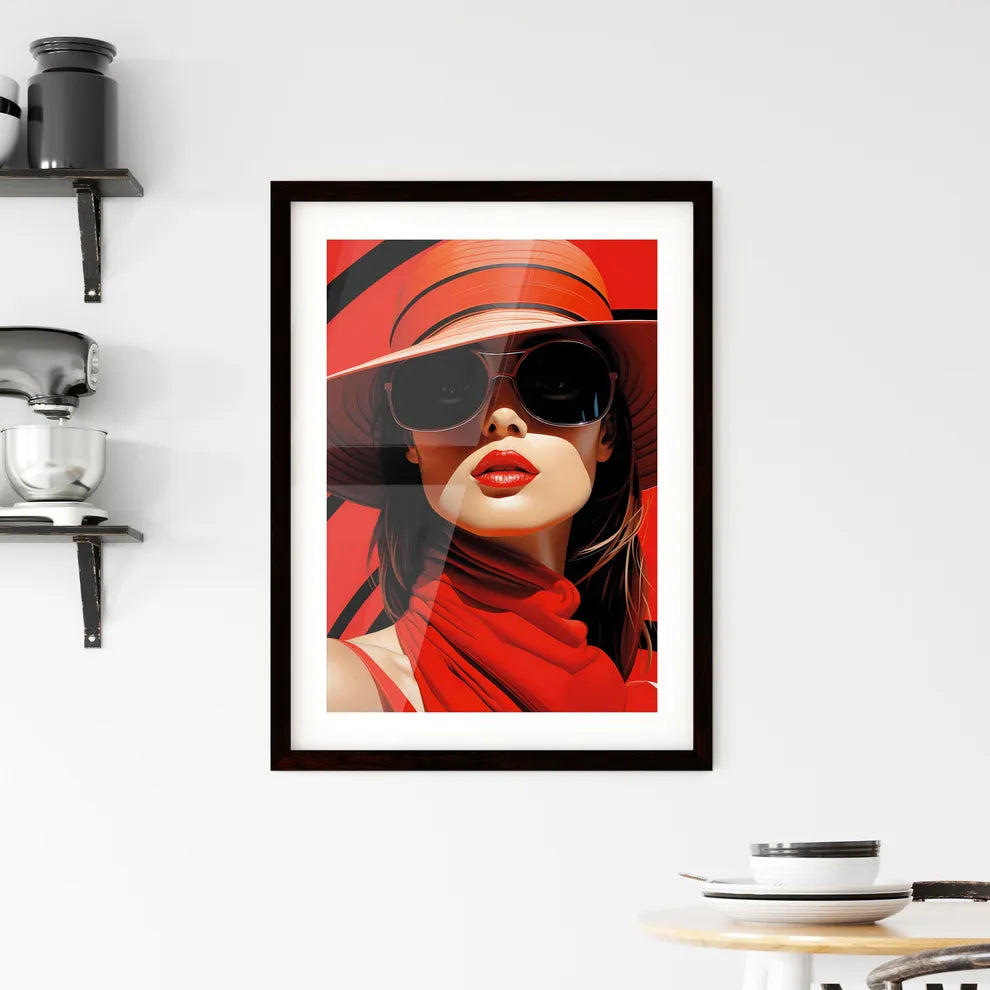 A Poster of a woman wearing a black and red  Framed Print