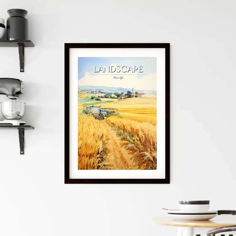 A Poster of A watercolor painting of a farml Framed Print