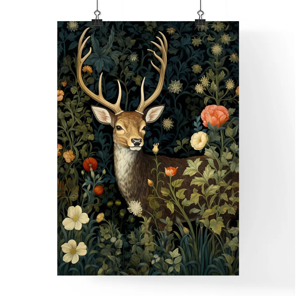 A Poster of a deer in the middle of floral tapestry  Poster