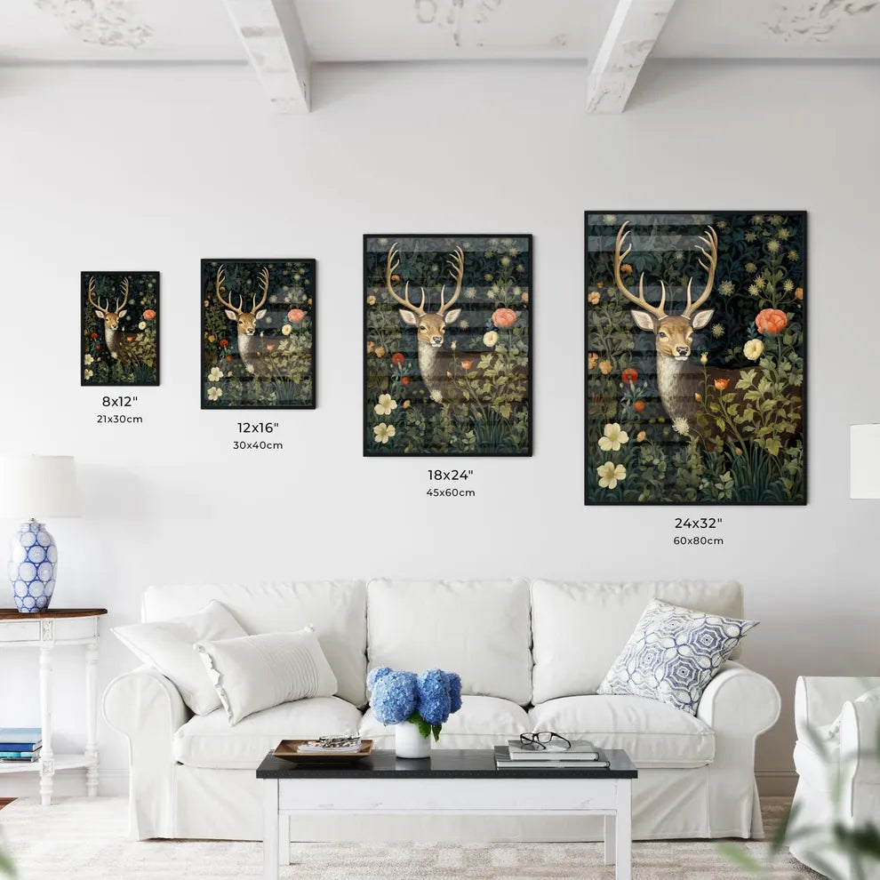 A Poster of a deer in the middle of floral tapestry  Size Chart