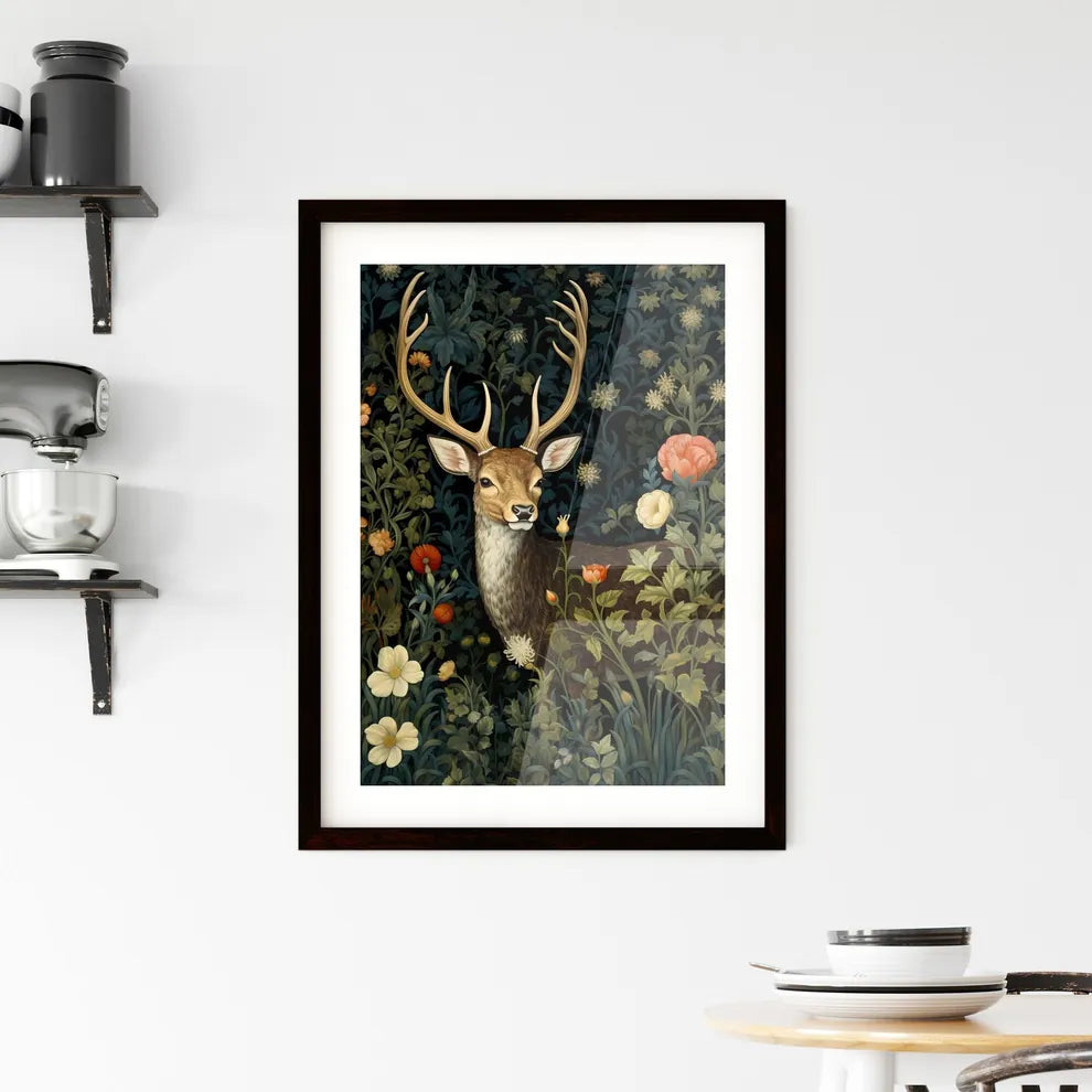 A Poster of a deer in the middle of floral tapestry  Framed Print