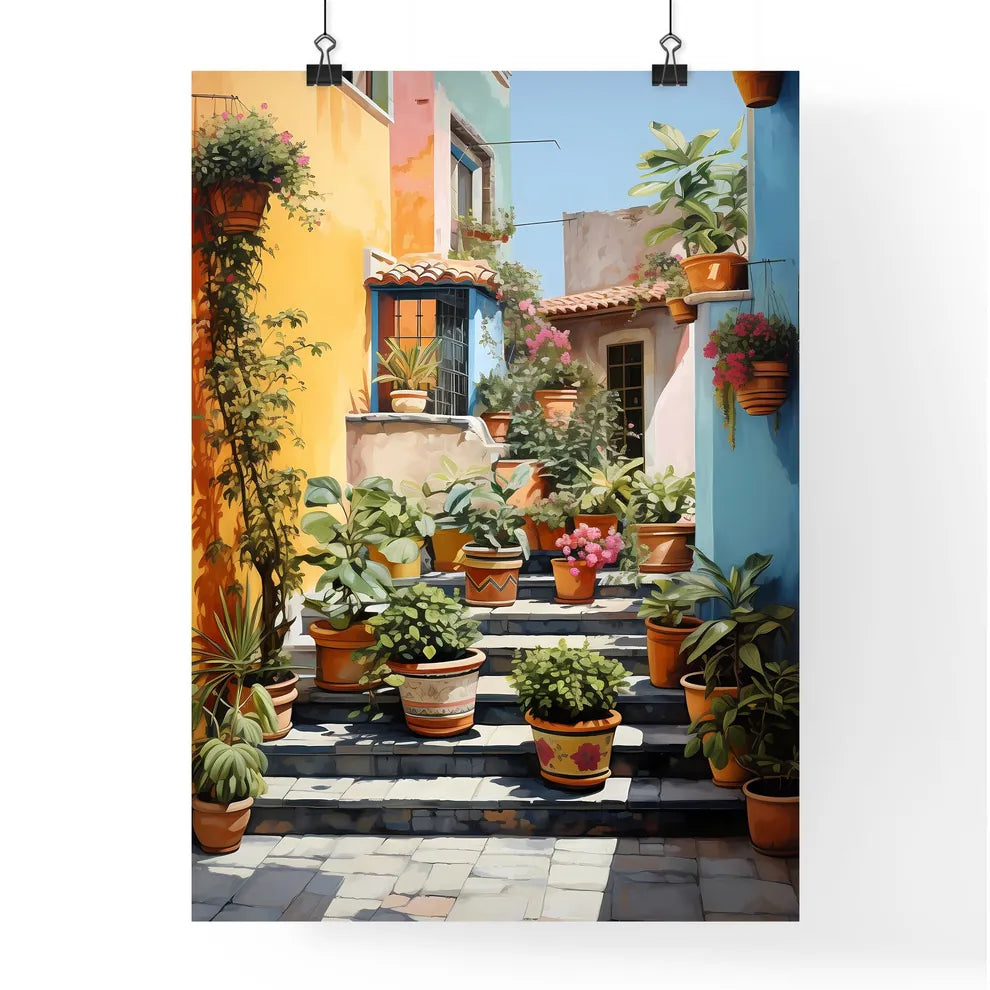 A Poster of San miguel vibrant color combinations - A Painting Of A Courtyard With Pots Of Plants Poster