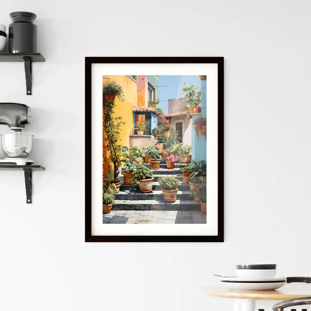 A Poster of San miguel vibrant color combinations - A Painting Of A Courtyard With Pots Of Plants Custom Print