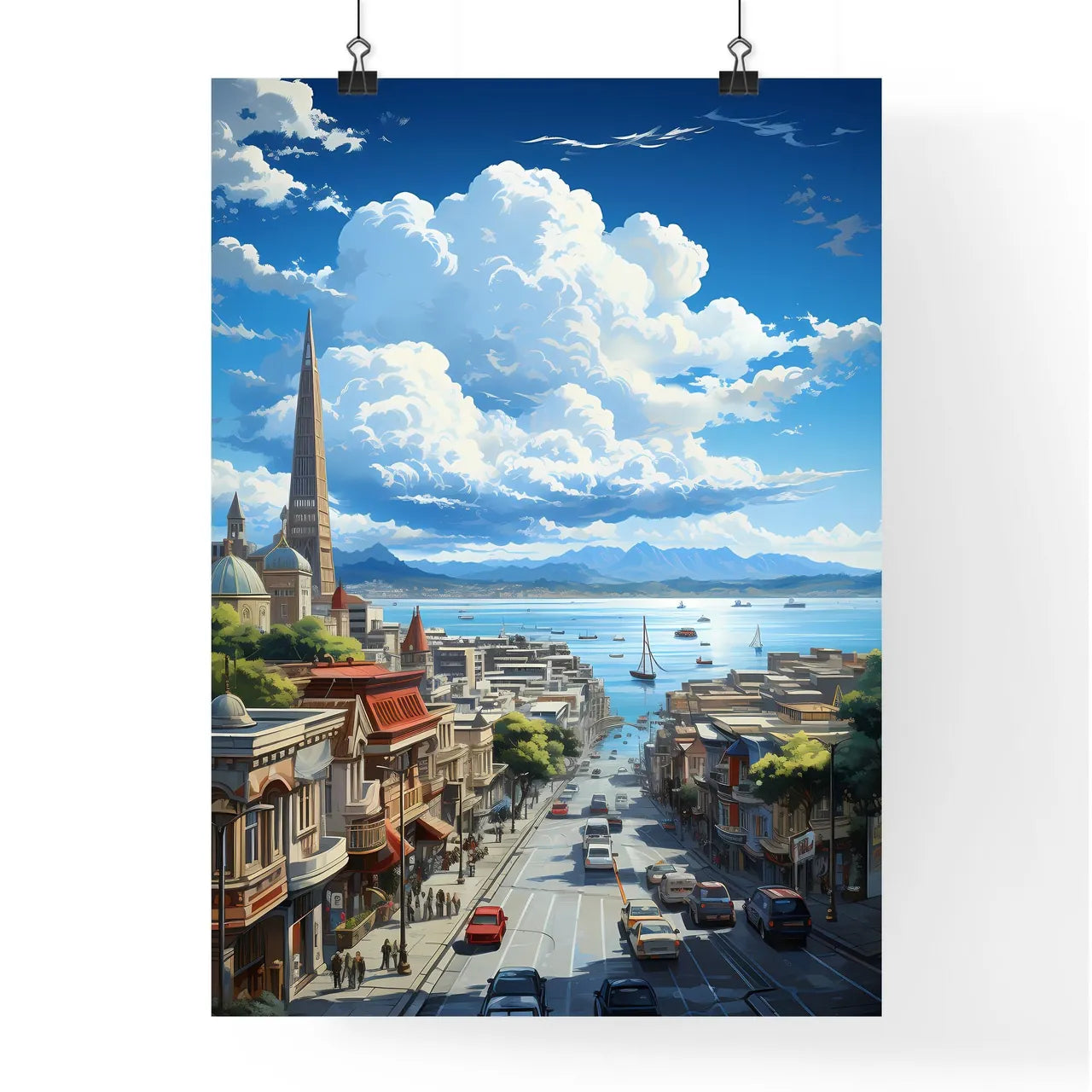 A Poster of the roofs of san francisco - A City Street With Buildings And Boats On The Water Poster
