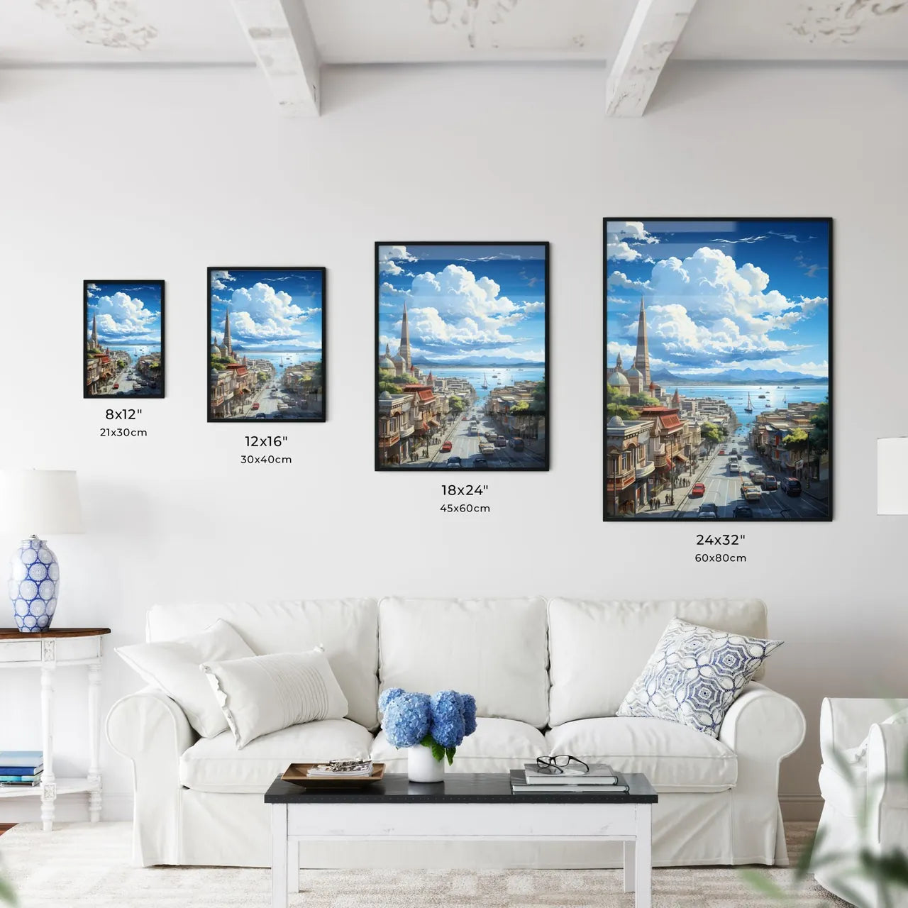 A Poster of the roofs of san francisco - A City Street With Buildings And Boats On The Water Size Chart