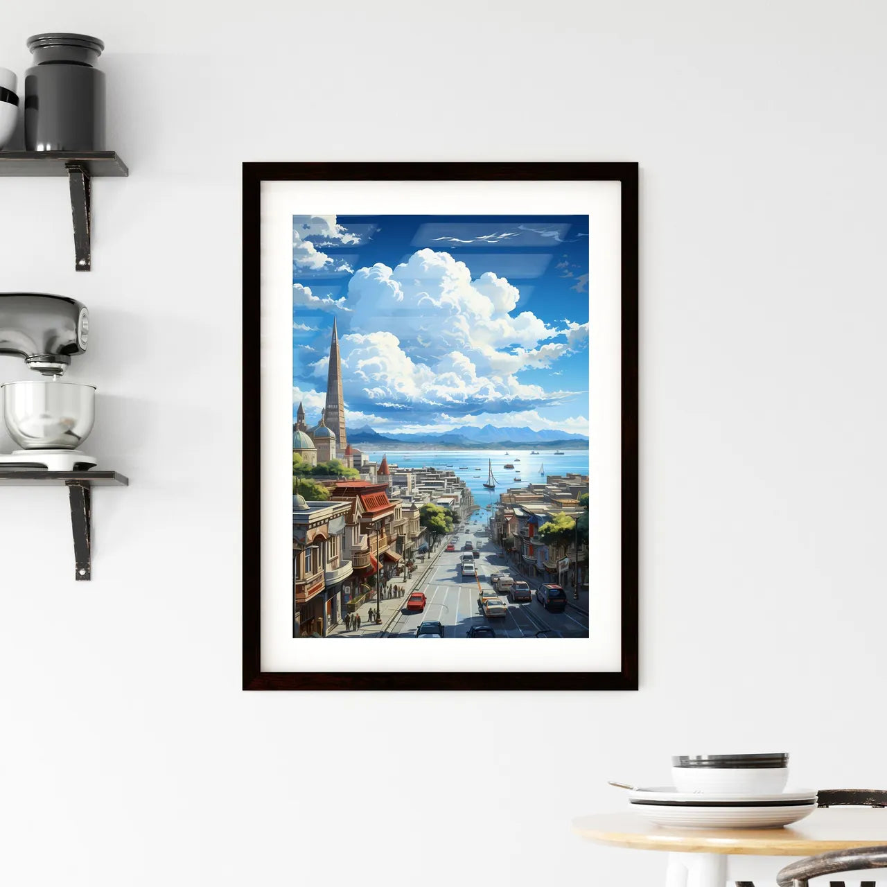 A Poster of the roofs of san francisco - A City Street With Buildings And Boats On The Water Custom Print