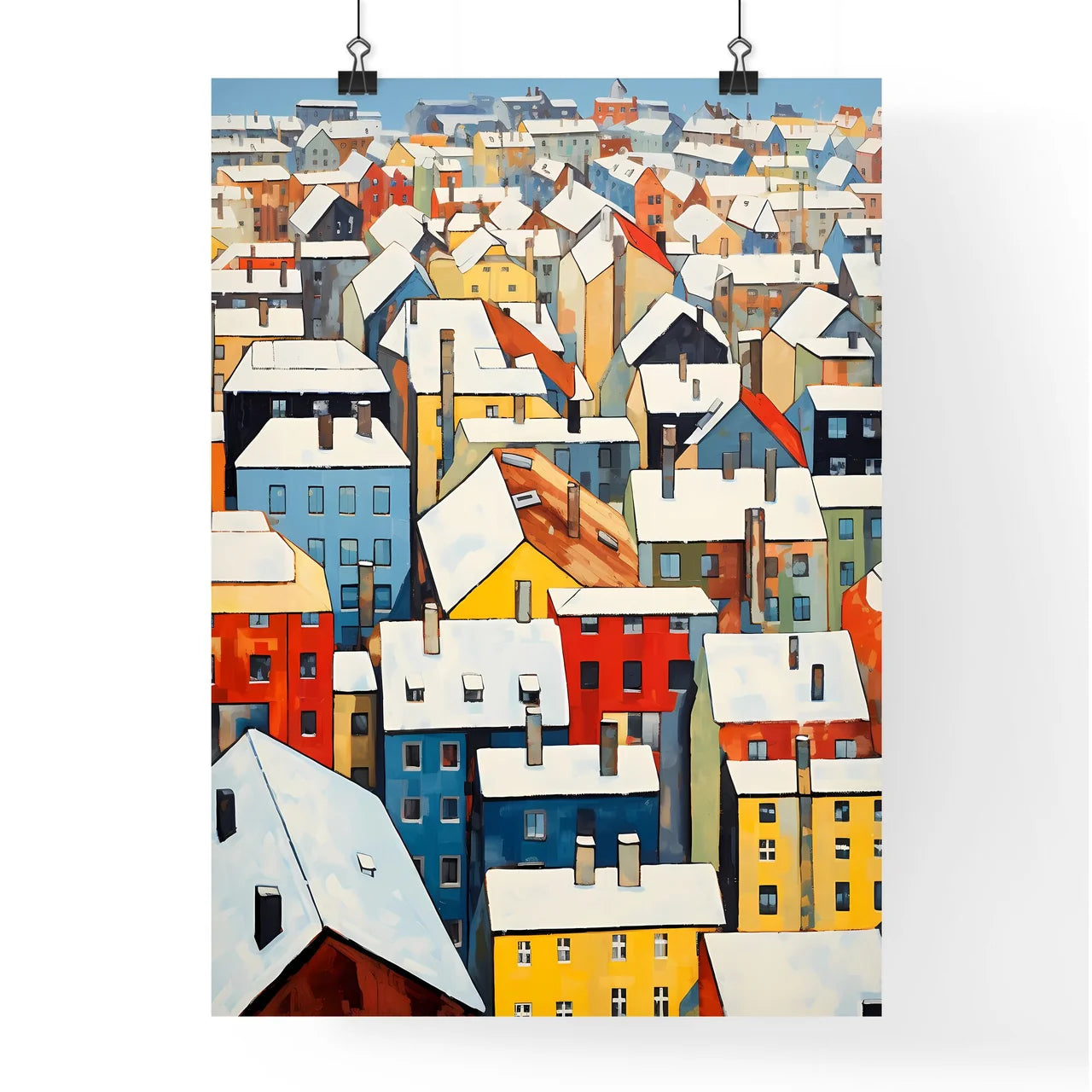 A Poster of snowy urban roofs of berlin - A Group Of Colorful Buildings With Snow On The Roof Poster