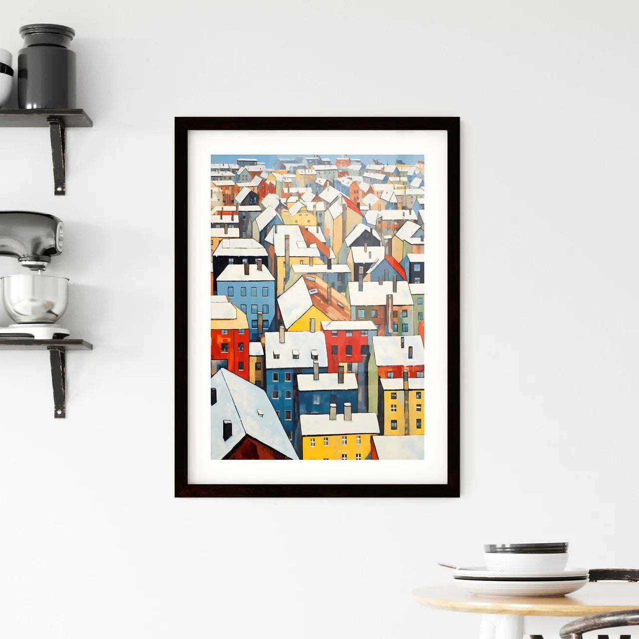 A Poster of snowy urban roofs of berlin - A Group Of Colorful Buildings With Snow On The Roof Custom Print