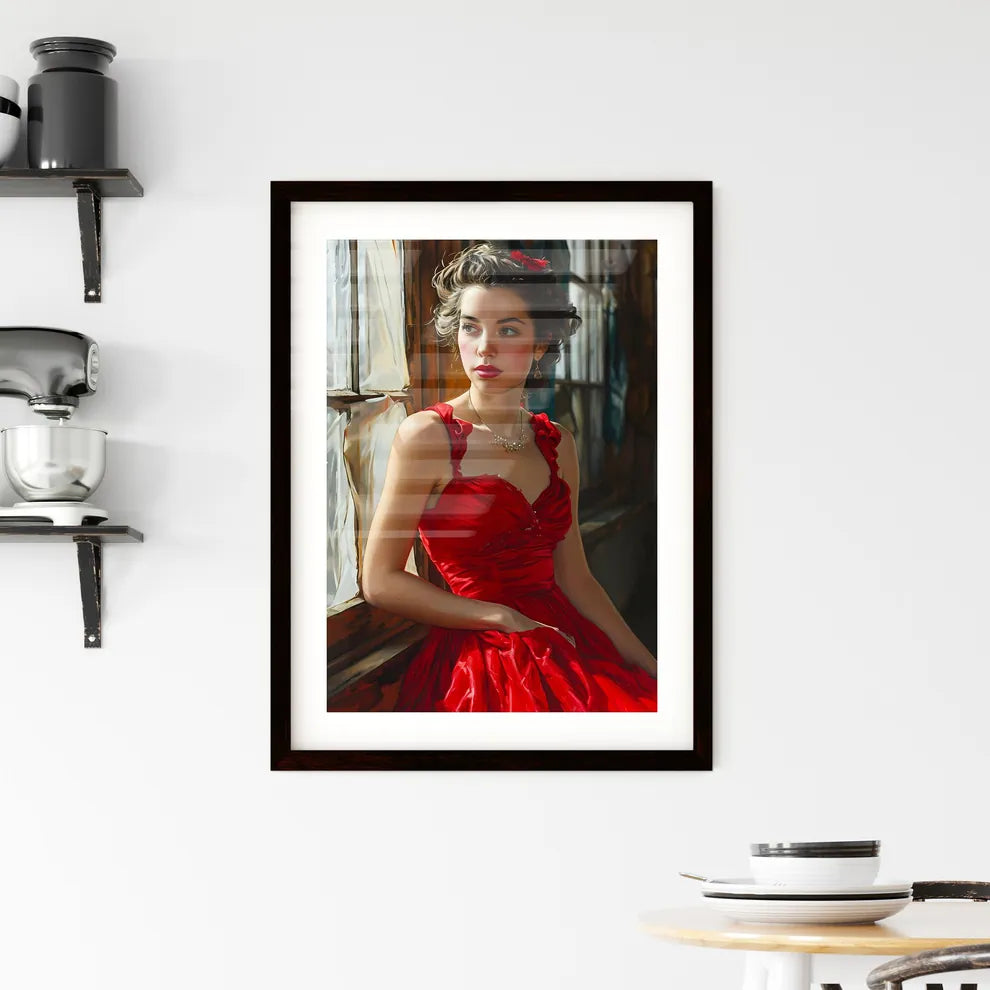 A Poster of painting of woman sitting by the Framed Print