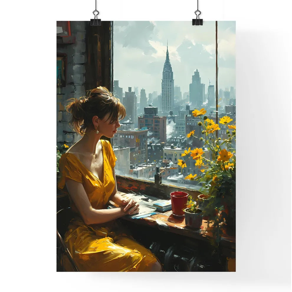 A Poster of painting of woman sitting by the window - A Woman Sitting In A Window Looking Out A Window Poster