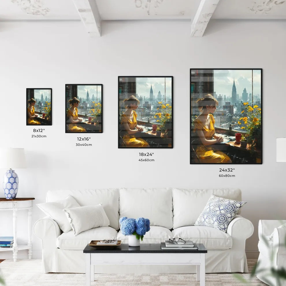 A Poster of painting of woman sitting by the window - A Woman Sitting In A Window Looking Out A Window Size Chart