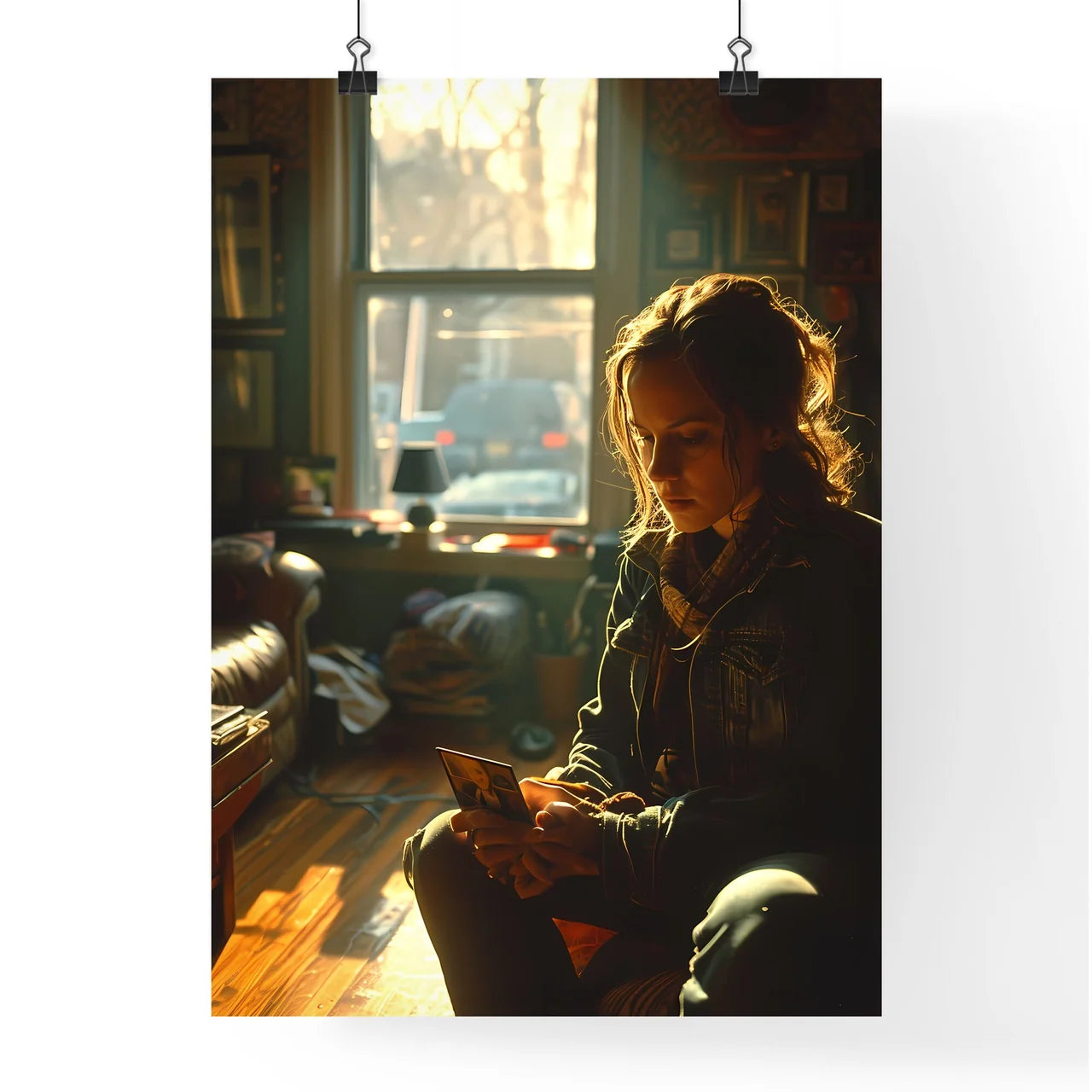 A Poster of A well-lit room with neutral-colored walls - A Woman Sitting In A Chair Looking At A Picture Default Title