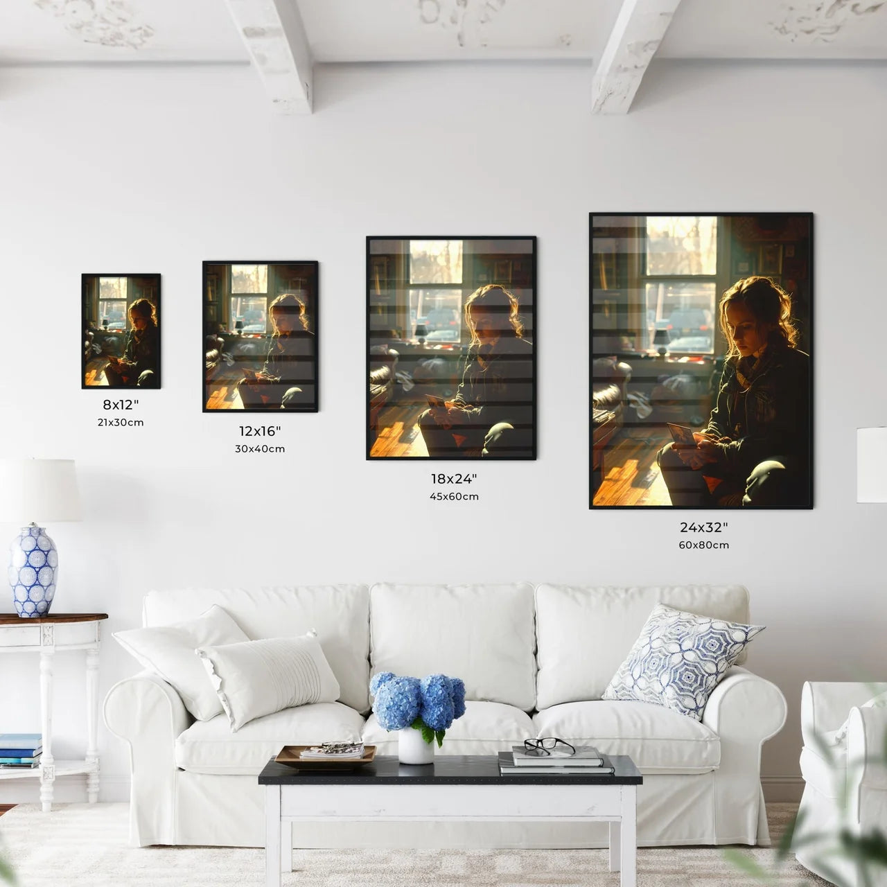 A Poster of A well-lit room with neutral-colored walls - A Woman Sitting In A Chair Looking At A Picture Default Title