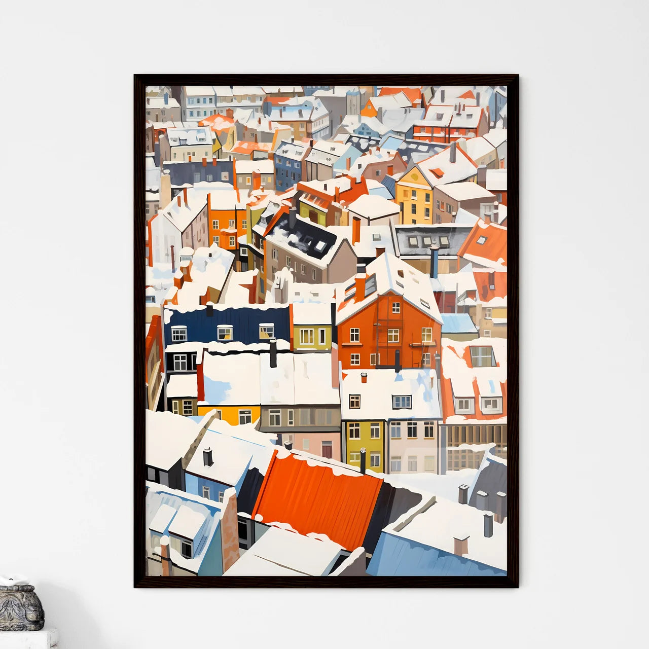 A Poster of snowy urban roofs of berlin - A Group Of Buildings Covered In Snow Framed Art
