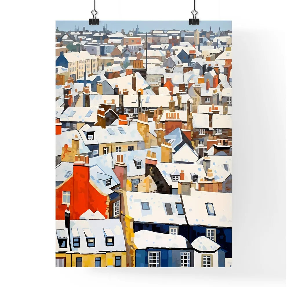 A Poster of snowy urban roofs of london - A Group Of Buildings Covered In Snow Poster