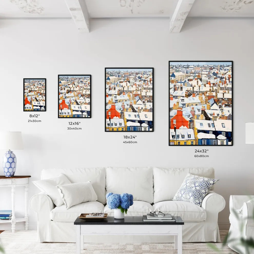 A Poster of snowy urban roofs of london - A Group Of Buildings Covered In Snow Size Chart