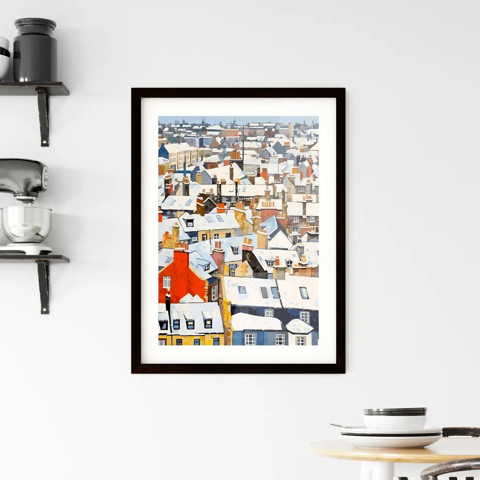 A Poster of snowy urban roofs of london - A Group Of Buildings Covered In Snow Custom Print