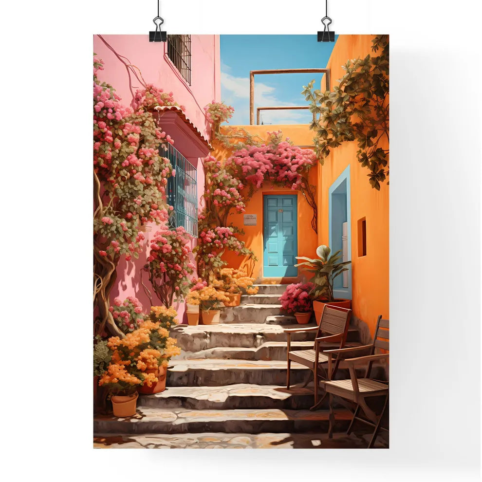 A Poster of San miguel vibrant color combinations - A Colorful Courtyard With Stairs And Chairs Poster