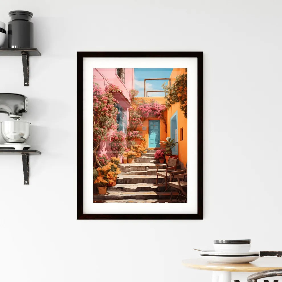 A Poster of San miguel vibrant color combinations - A Colorful Courtyard With Stairs And Chairs Custom Print