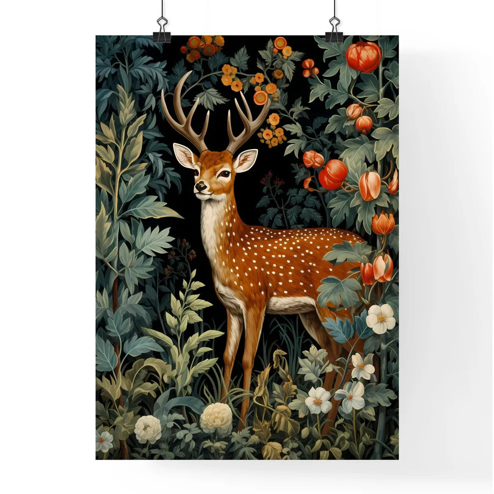 A Poster of a deer in the middle of floral tapestry  Poster