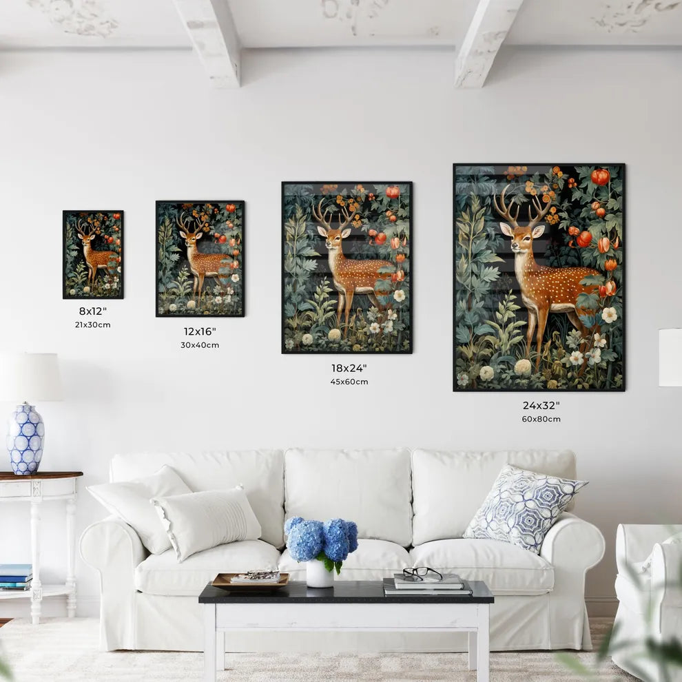 A Poster of a deer in the middle of floral tapestry  Size Chart
