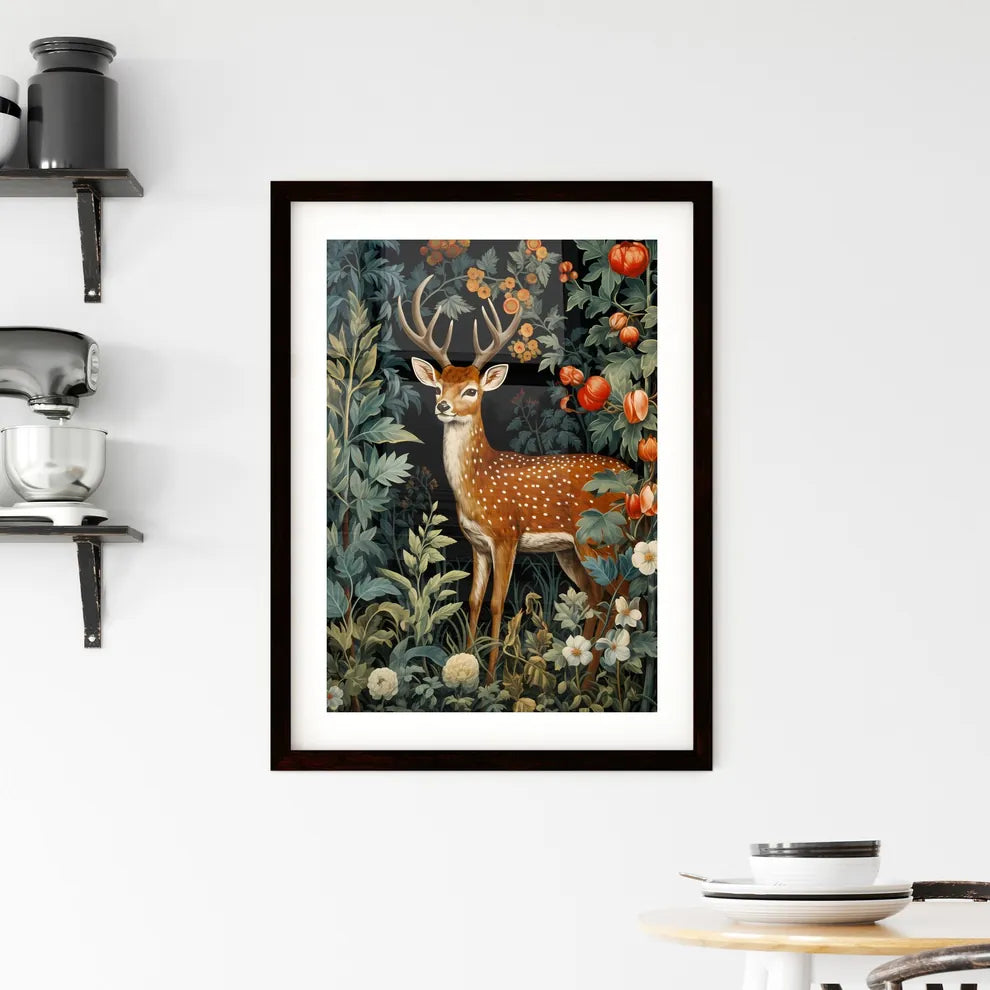 A Poster of a deer in the middle of floral tapestry  Framed Print