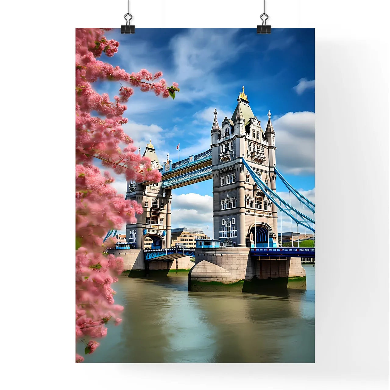 A Poster of Tower Bridge - A Bridge With A Pink Tree In The Background Poster