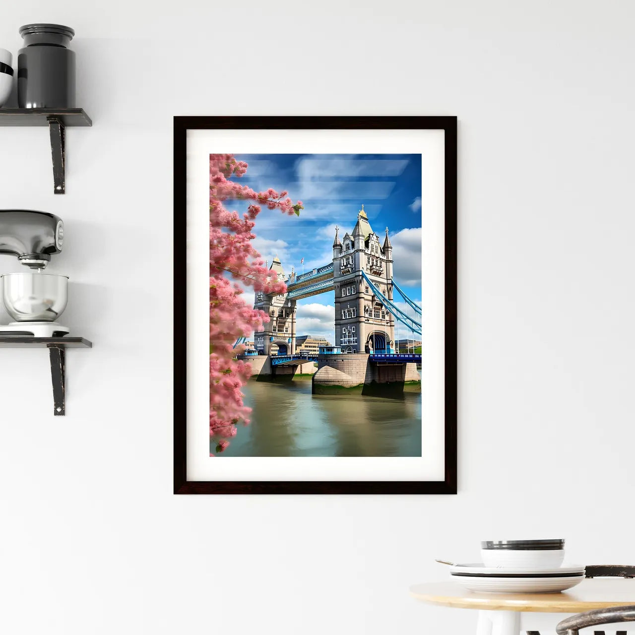 A Poster of Tower Bridge - A Bridge With A Pink Tree In The Background Custom Print