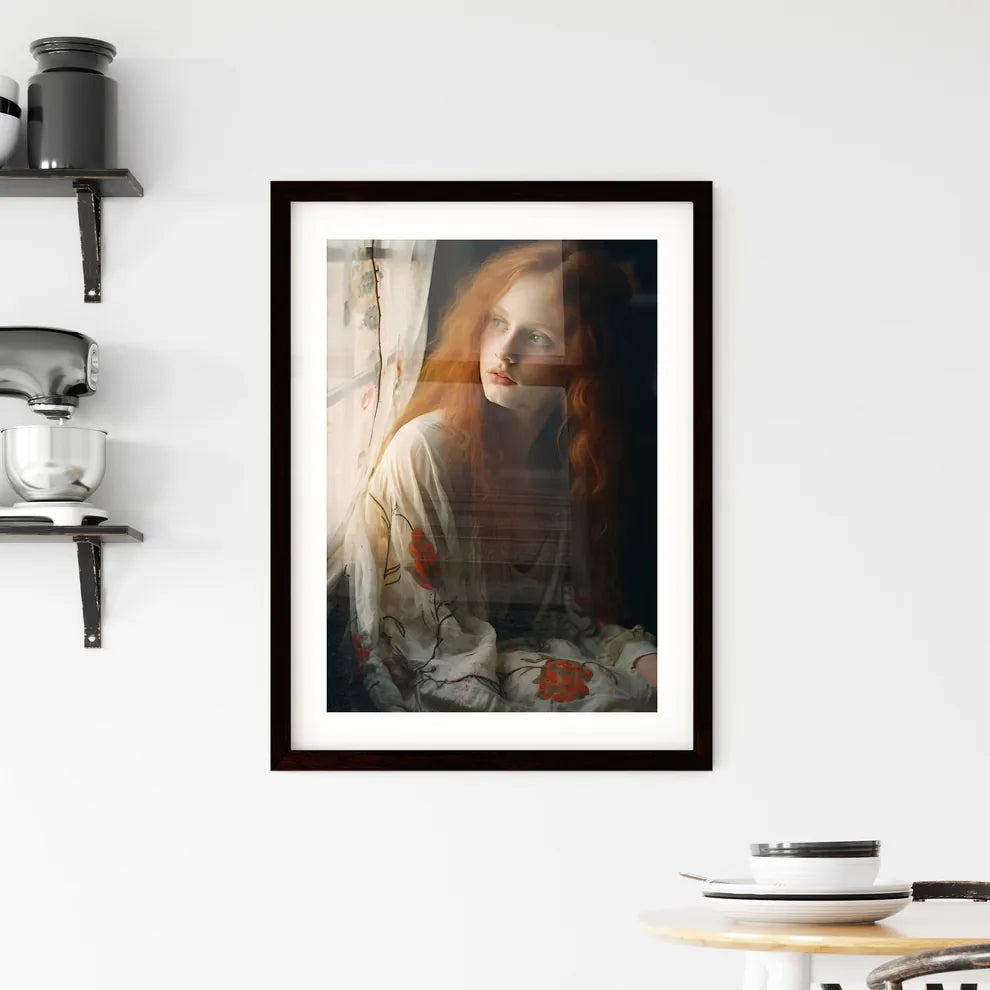 A Poster of woman with red hair sitting - A  Framed Print