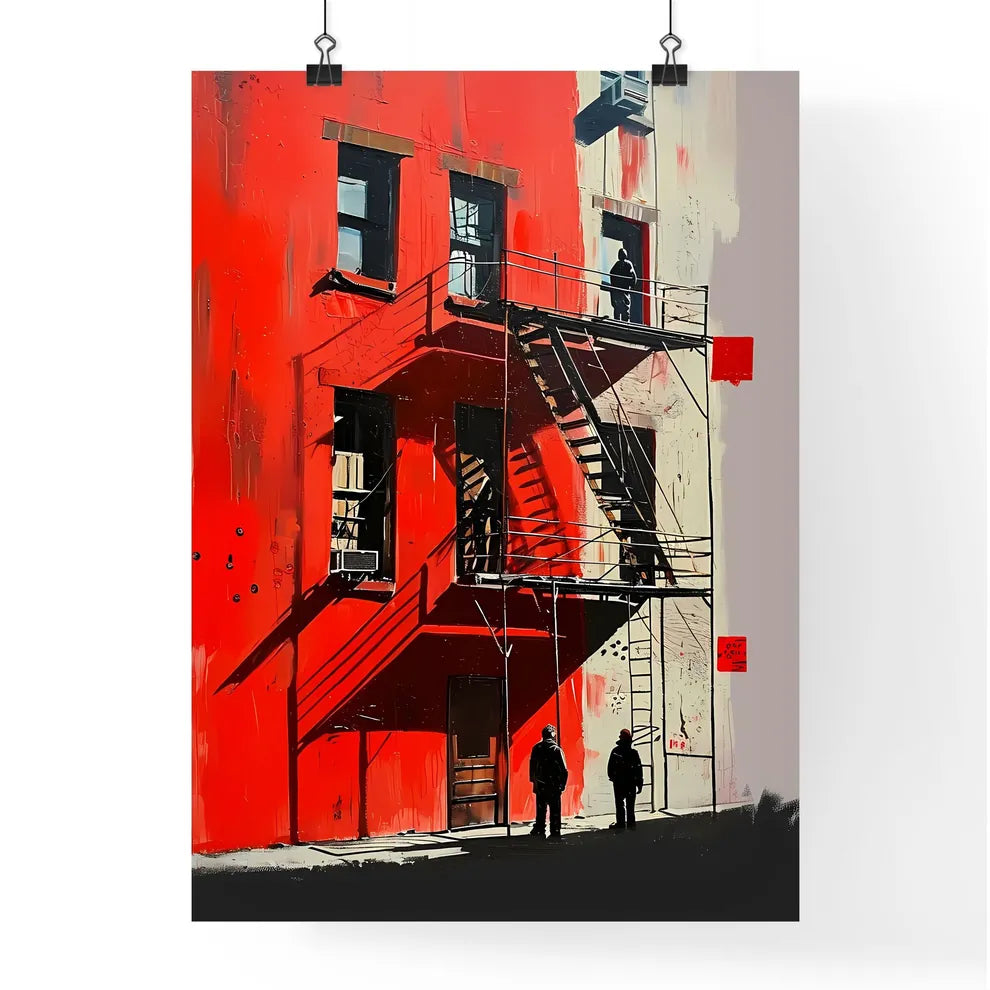 A Poster of Modern painting people standing - A Red Building With A Couple Of People Walking On The Side Poster