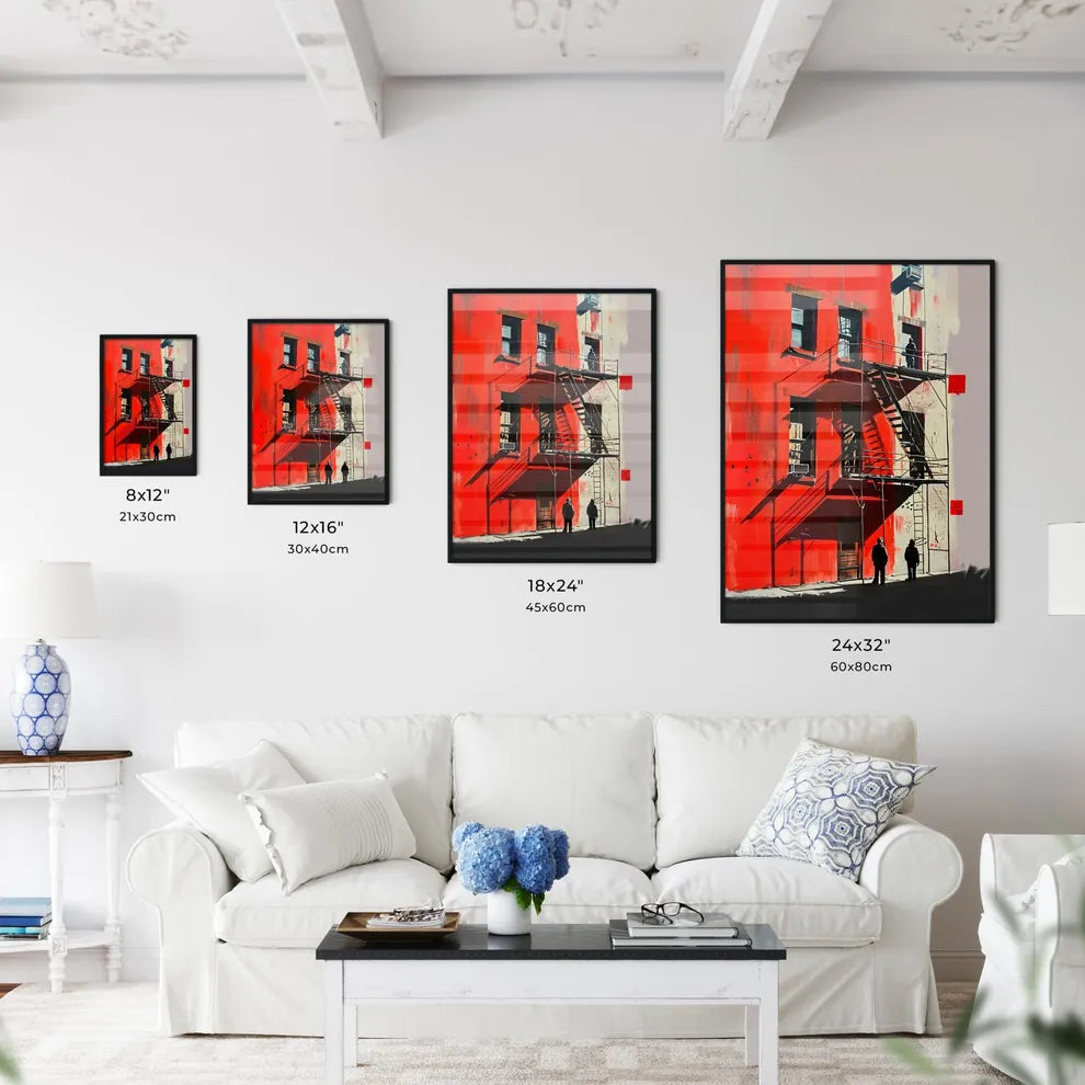 A Poster of Modern painting people standing - A Red Building With A Couple Of People Walking On The Side Size Chart