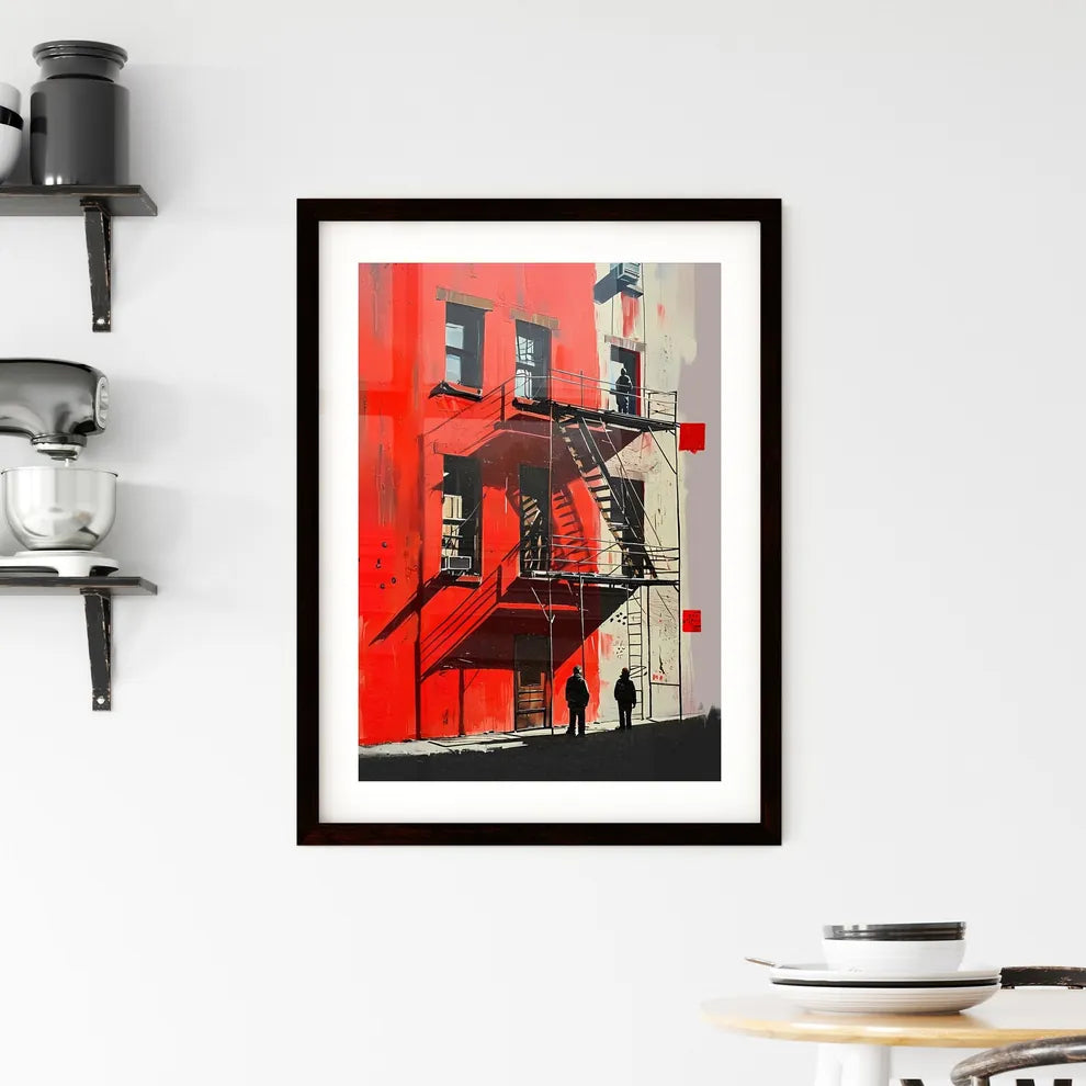 A Poster of Modern painting people standing - A Red Building With A Couple Of People Walking On The Side Custom Print