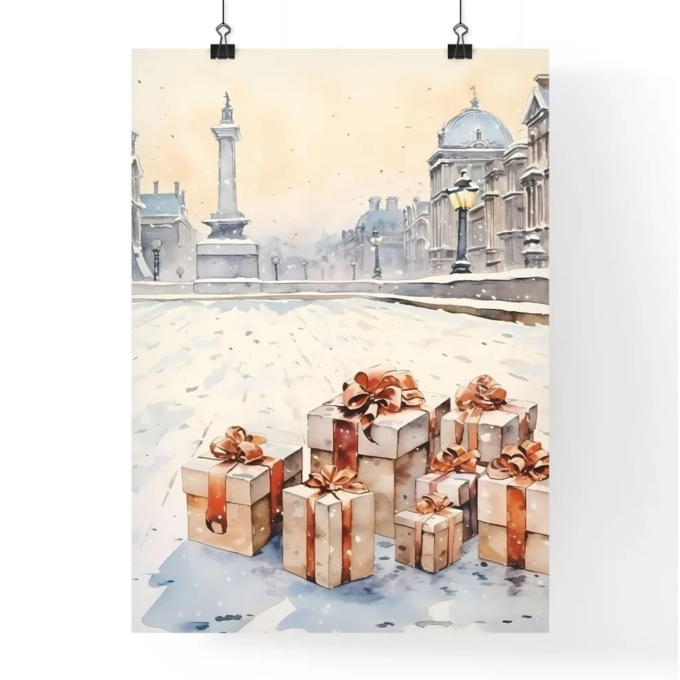 A Poster of Christmas and Holiday Gifts on Snow - A Group Of Presents In A Snowy Place Poster