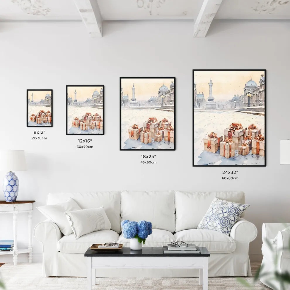 A Poster of Christmas and Holiday Gifts on Snow - A Group Of Presents In A Snowy Place Size Chart