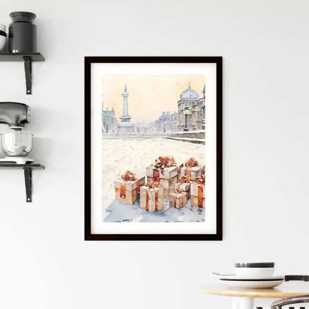 A Poster of Christmas and Holiday Gifts on Snow - A Group Of Presents In A Snowy Place Custom Print