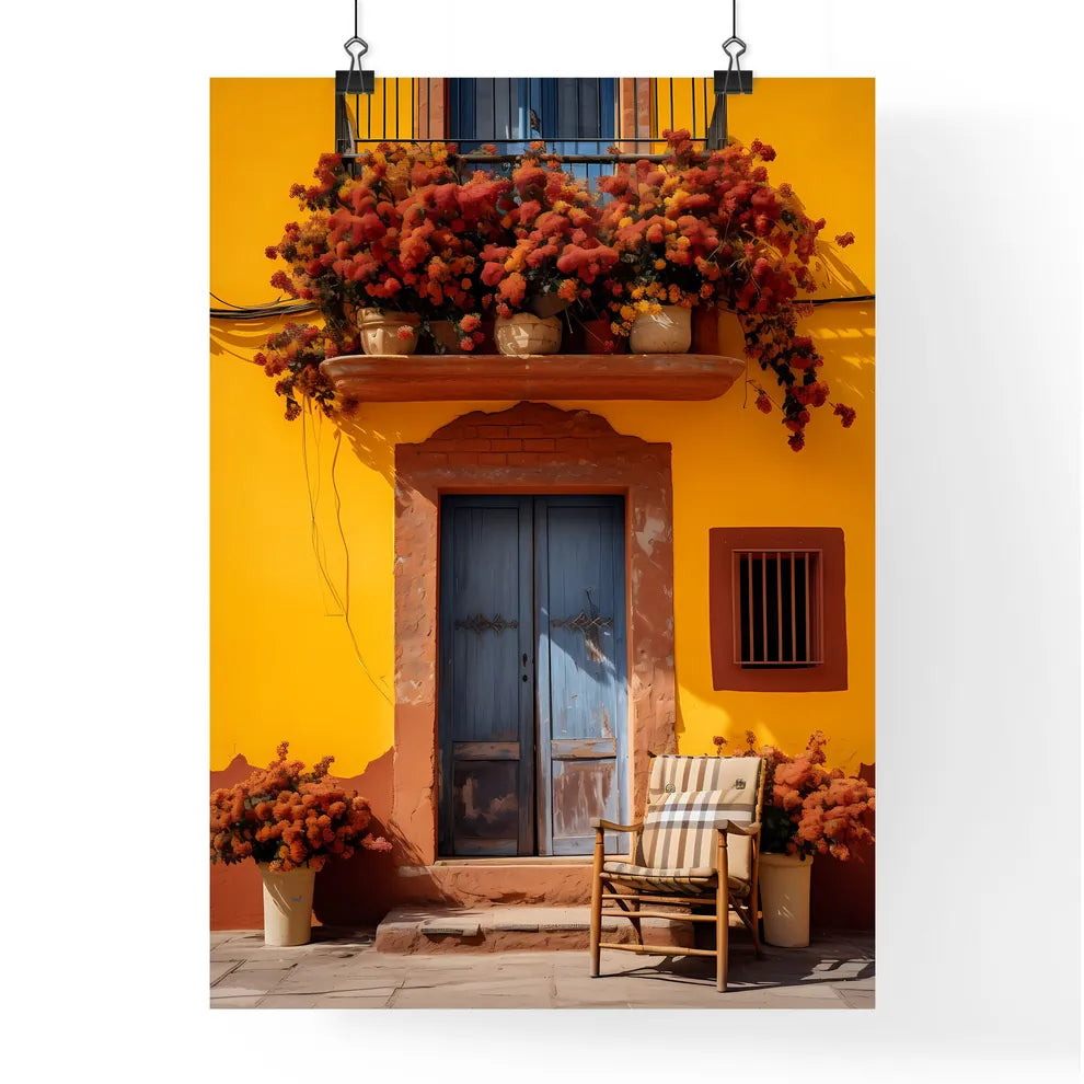 A Poster of San miguel vibrant color combinations - A Chair And Chair With Flowers On The Front Of A Yellow Building Poster