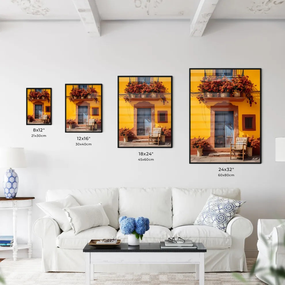 A Poster of San miguel vibrant color combinations - A Chair And Chair With Flowers On The Front Of A Yellow Building Size Chart