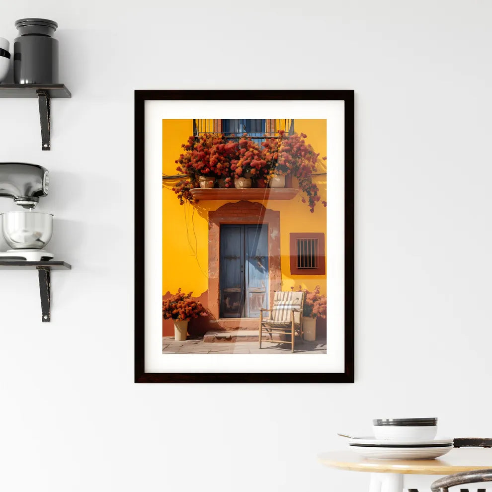 A Poster of San miguel vibrant color combinations - A Chair And Chair With Flowers On The Front Of A Yellow Building Custom Print