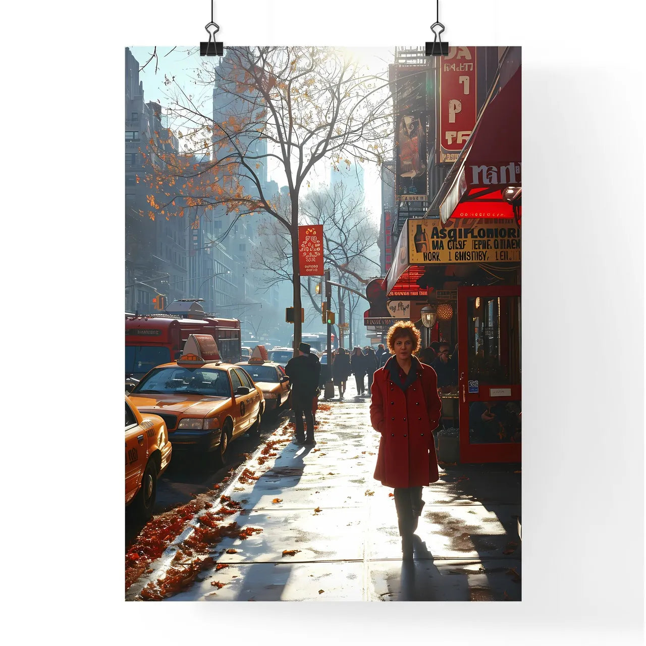 A Poster of shes walking down the sidewalk - A Woman Walking On A Sidewalk In A City Poster