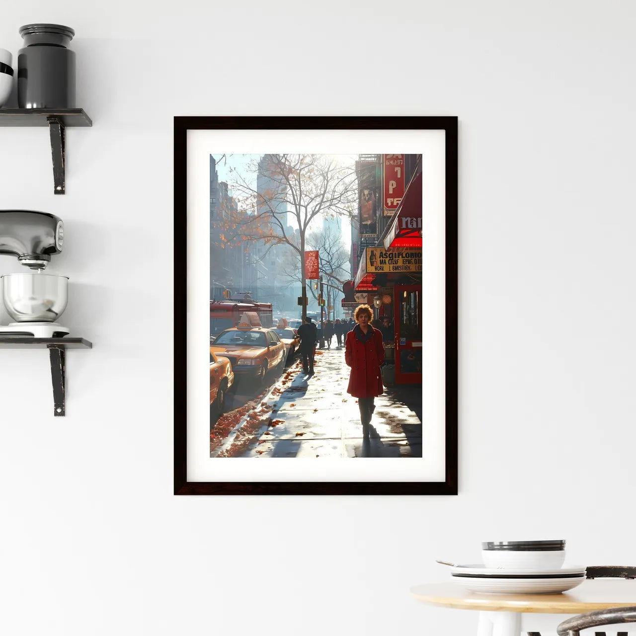A Poster of shes walking down the sidewalk - A Woman Walking On A Sidewalk In A City Custom Print
