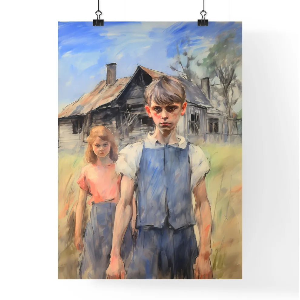 A Poster of In a country side cottage yard - A Boy And Girl Standing In Front Of A House Poster