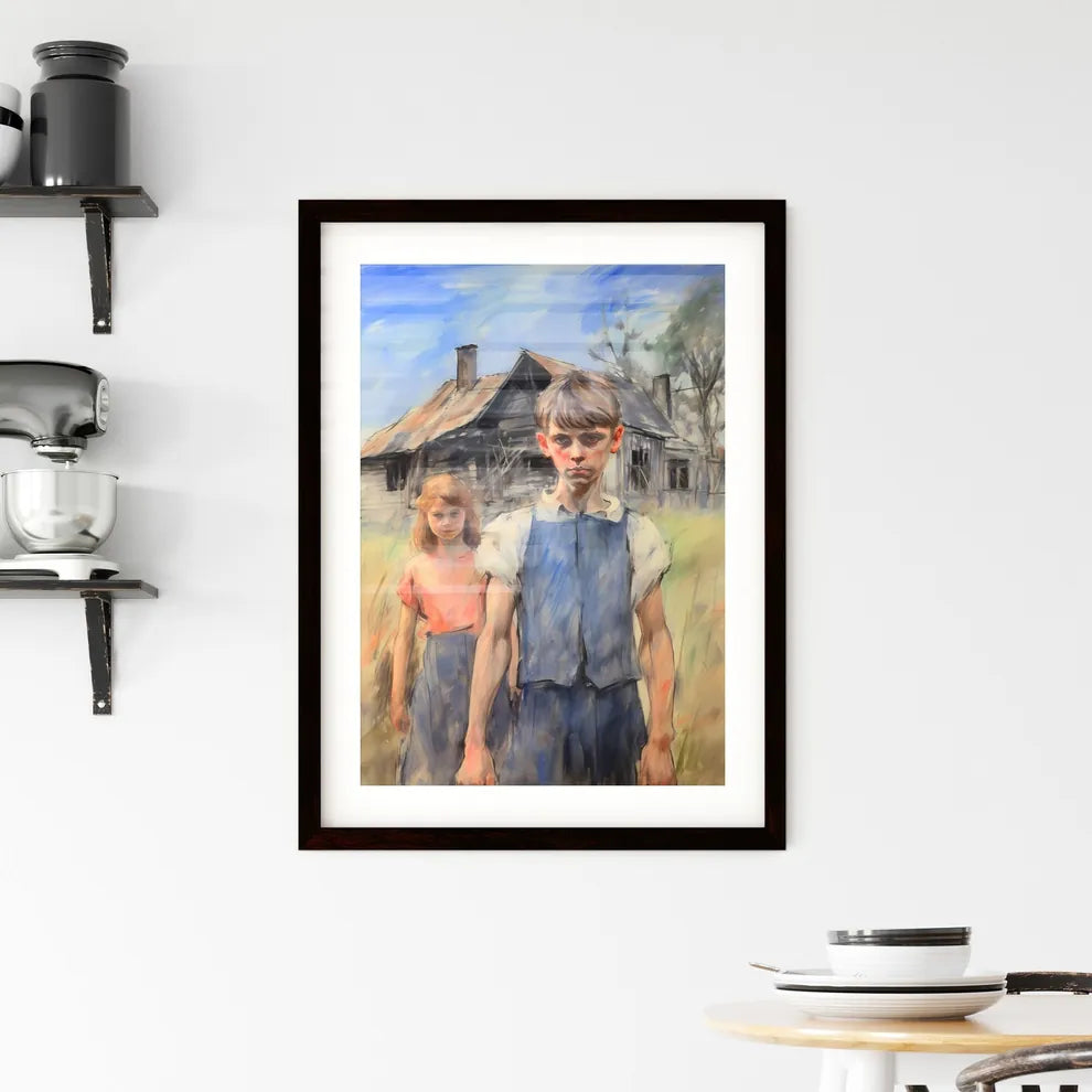 A Poster of In a country side cottage yard - A Boy And Girl Standing In Front Of A House Custom Print